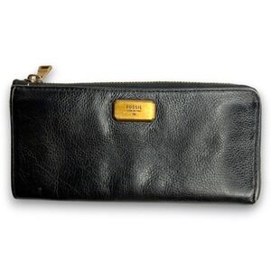 Fossil Black Leather Zip Around‎ Wallet RFID Long Clutch Organizer